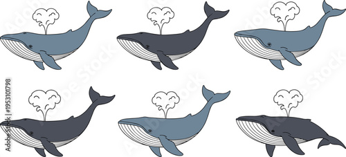 Blue Whale Set Spouting Water, Humpback Whale Collection in Flat Vector Illustration Style
