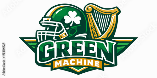 Bold Green Machine emblem with shamrock helmet and harp shield, celebrating Irish pride, sporting spirit, heritage strength, team identity, and vibrant Celtic tradition