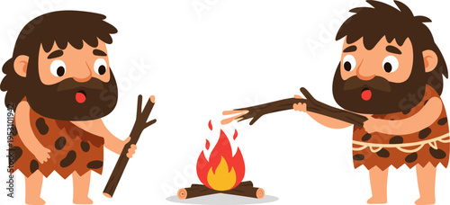 Cute Caveman Characters Making Fire with Wood Sticks Flat Vector Illustration Isolated