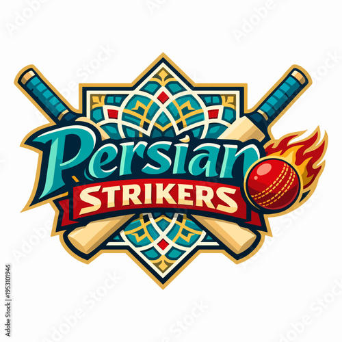 Dynamic Persian Strikers sports emblem with crossed bats and blazing ball, representing competitive energy, athletic ambition, team pride, strength, and bold championship spirit