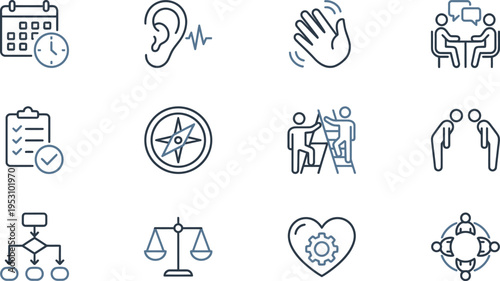 Modern collection of outline icons representing various essential business, communication, and conceptual elements for digital use.
