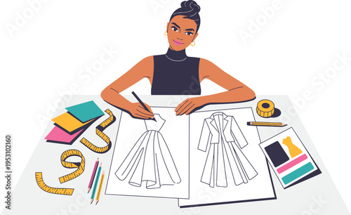 Flat Illustration of Professional Female Fashion Designer Drawing Sketches with Measuring Tape on Desk