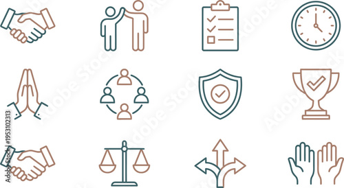 Collection of twelve unique business concept icons representing teamwork trust and goal achievement