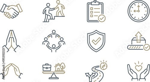 Collection of twelve essential line icons representing core values like teamwork, security, and balance.