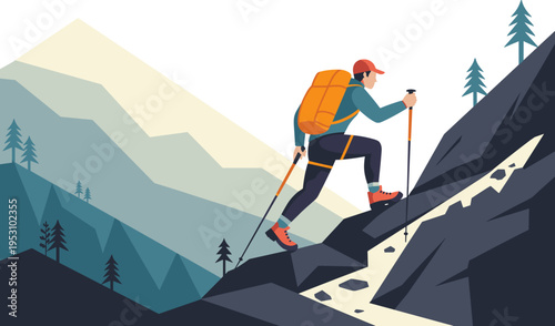 Man Hiking Up Steep Mountain Peak with Backpack and Trekking Poles, Flat Vector Style Illustration