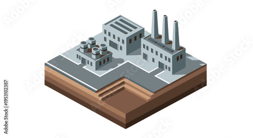 Isometric Industrial Factory Complex with Cutaway View of Earth Layers.