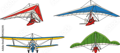 Hang Glider and Biplane Illustration Set, Flat Style Extreme Sports Aircraft Design Isolated