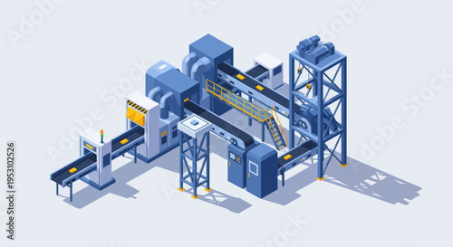 Isometric Industrial Factory Production Line with Conveyor Belts and Machinery.