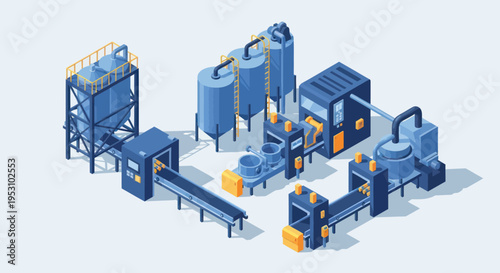 Isometric Industrial Factory Production Line with Conveyor Belts and Machinery.