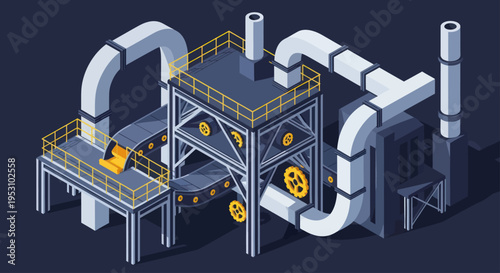 Isometric Industrial Factory Production Line with Conveyor Belts and Machinery.
