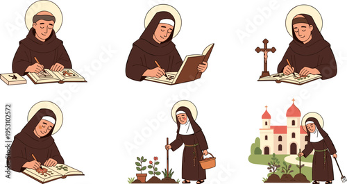 Medieval Monks and Nuns Flat Illustration Set, Religious Characters Painting Manuscripts and Gardening