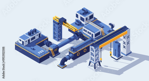 Isometric Industrial Factory Production Line with Machinery and Pipes.