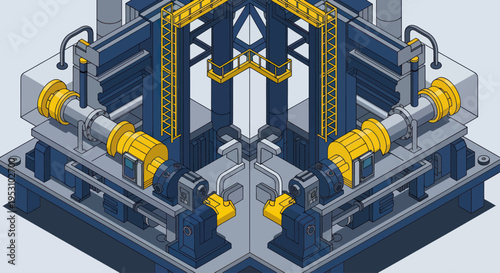 Isometric Industrial Machine with Robotic Arms.
