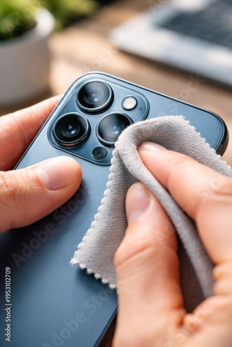 Cleaning smartphone camera lenses with microfiber cloth close-up hands wiping phone
