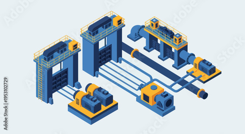 Isometric Industrial Machinery and Equipment for Manufacturing Processes.