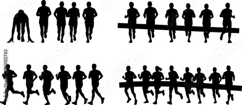 Running Silhouette Set of Athletes, Marathon Runners, and Sprinters in Flat Vector Illustration Style