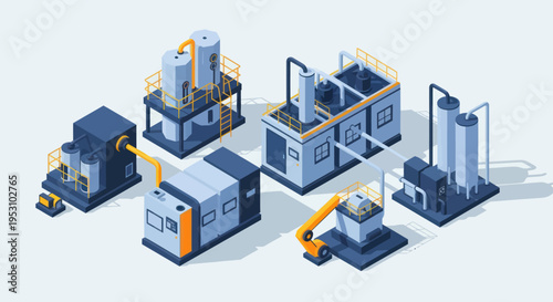 Isometric Industrial Machines and Manufacturing Equipment Set.