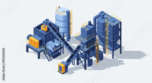 Isometric Industrial Plant with Conveyor Belt and Silos.