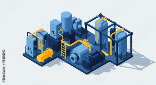 Isometric Industrial Plant with Blue and Yellow Machinery.
