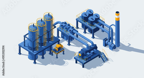 Isometric Industrial Plant with Blue Machinery and Storage Tanks.