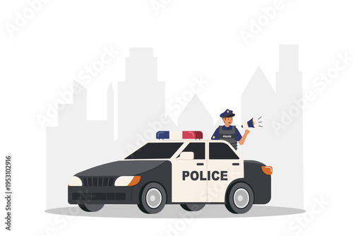 Professional negotiator. Man with megaphone in police uniform standing near police car and ordering criminals to surrender.