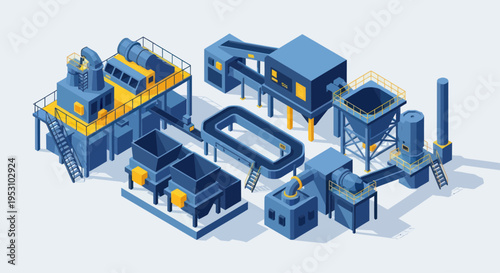 Isometric Industrial Plant with Conveyor Belts and Processing Machinery.