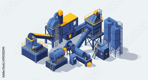Isometric Industrial Plant with Conveyor Belts and Silos.