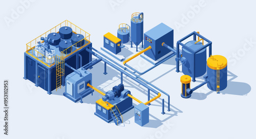 Isometric Industrial Plant with Machinery and Pipelines.