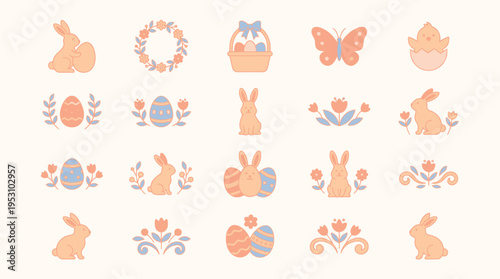 A charming collection of cute pastel Easter icons featuring bunnies, eggs, flowers, and spring symbols.