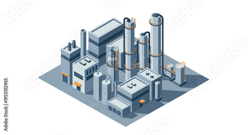 Isometric Industrial Plant with Multiple Buildings and Smokestacks.
