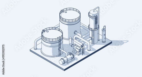 Isometric Industrial Plant with Storage Tanks and Processing Units.