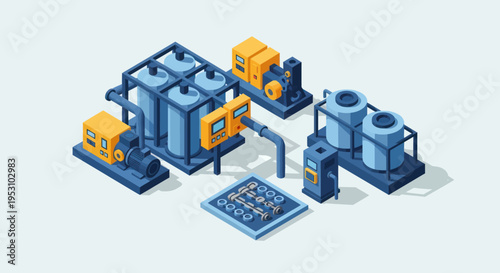 Isometric Industrial Plant with Tanks and Machinery.