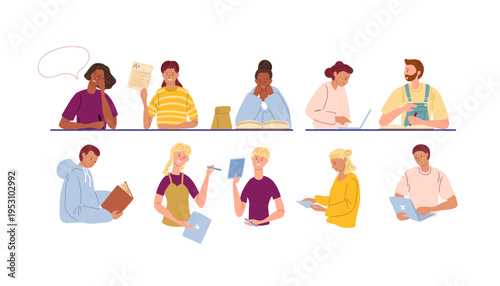 Student portraits in different academic situations. Vector illustration for learning platforms, websites, educational marketing.