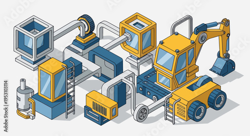 Isometric Industrial Production Line with Excavator and Automated Machinery.