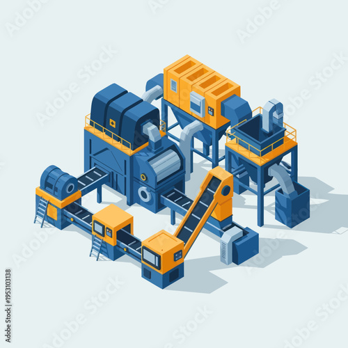 Isometric Industrial Recycling Plant with Conveyor Belts and Machinery.
