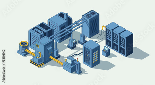 Isometric Industrial Production Line with Server Racks and Machinery.