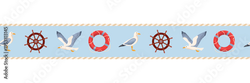 Nautical seamless border. Elegant vector repeat texture with summer symbols, such as anchors, lifebuoy and seagulls. Marine endless pattern for design, print, fabric, textile, wrapping paper
