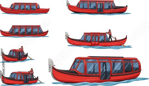 Venetian Gondola and Water Taxi Set, Traditional Red Venice Boat Flat Vector Illustration