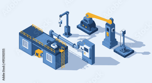 Isometric Industrial Robots and Automated Machinery in a Factory Setting.