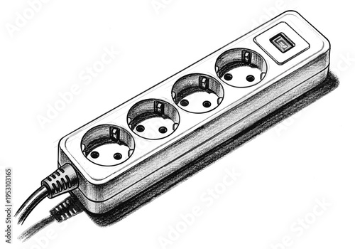 Sketch of a white power strip with four European outlets and a power switch