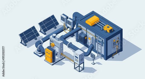 Isometric Industrial Solar Energy System with HVAC and Power Generation.