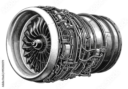 Detailed illustration of a powerful jet engine turbine with intricate mechanical components