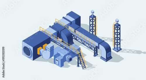 Isometric Industrial Ventilation System with Air Ducts and Cooling Towers.