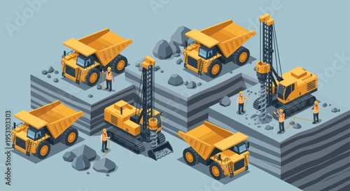 Isometric Mining Operation with Heavy Machinery and Workers.