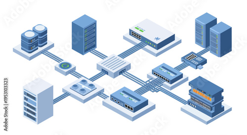 Isometric Network Infrastructure with Servers and Routers.