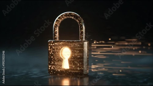 An illuminated padlock unlocked, symbolizing security, access, and digital protection with glowing keyhole and data streams
