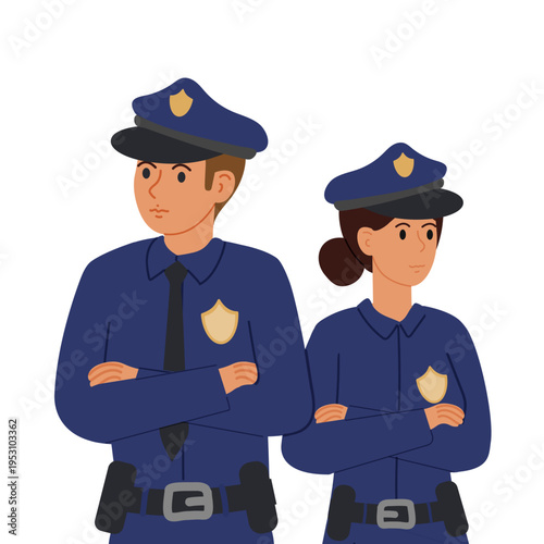 Police on guard. Strict male and female police officers in full gear looking around attentively. Flat vector illustration.