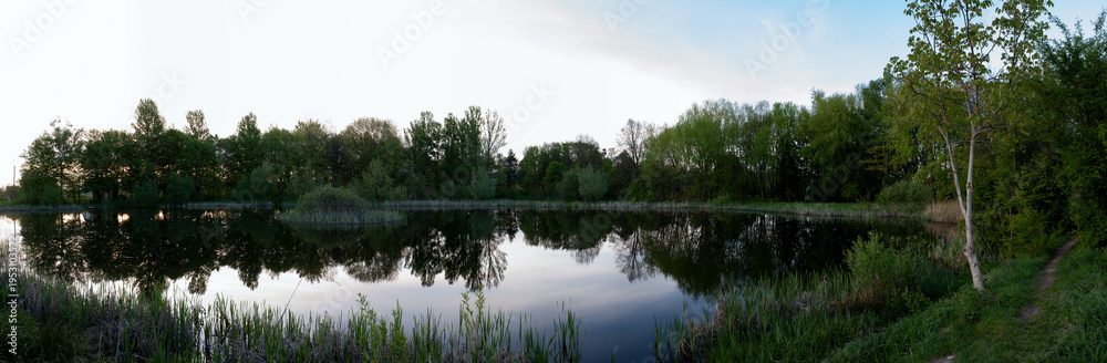 Obraz premium Panoramic view of a lake with lush coastal vegetation on a sunny summer day.