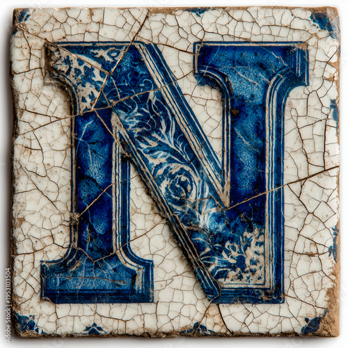Azulejo antiguo con letra N de cerámica azul desgastada, letra N vintage en baldosa rústica con grietas auténticas, inicial N de cerámica azul con textura envejecida y craquelada