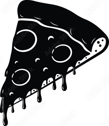 Silhouette appetizing pizza slice with dripping cheese and pepperoni vector illustration